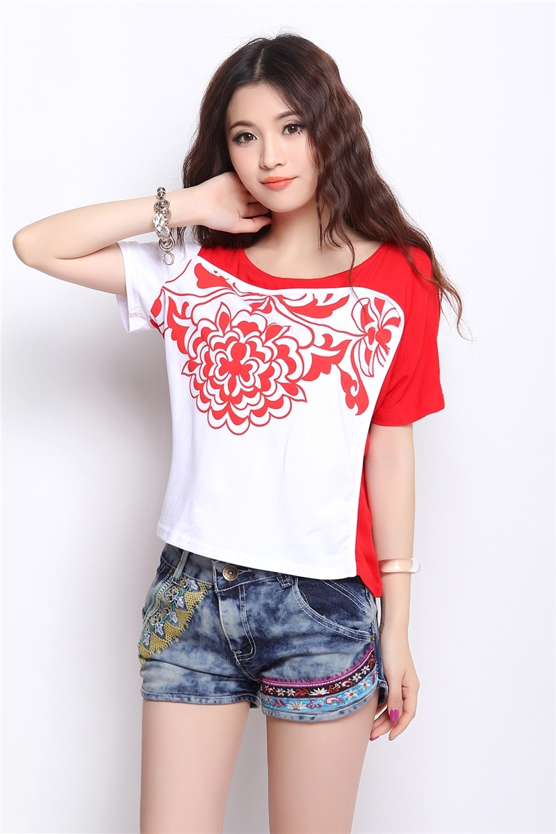 h733民族特色女装宽松蝙蝠袖拼接舒适青花印花短袖t恤打底衫 蓝色 l