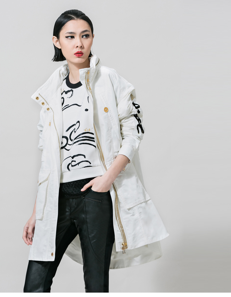 
                                        VING春秋宽松中长款休闲风衣装收腰立领长袖外套女 黑色 M                