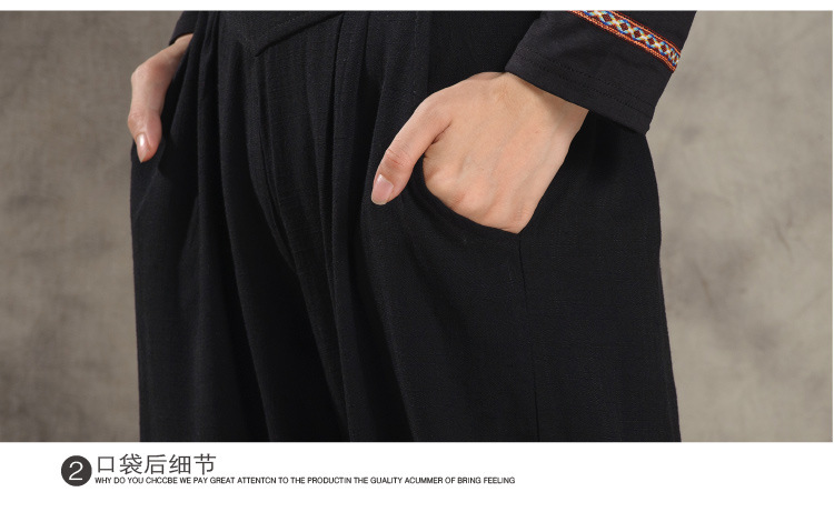 
                                        缘未央新款女装民族风灯笼裤刺绣棉麻宽松唐装中式绣花长裤子R2001C8035 黑色 L                
