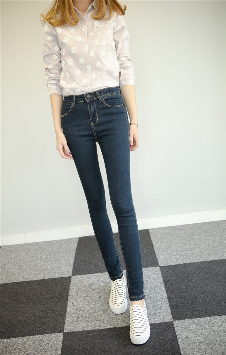 莫伊儿 2016春新款深蓝色高腰牛仔裤女长裤韩版紧身小脚铅笔裤潮b 深