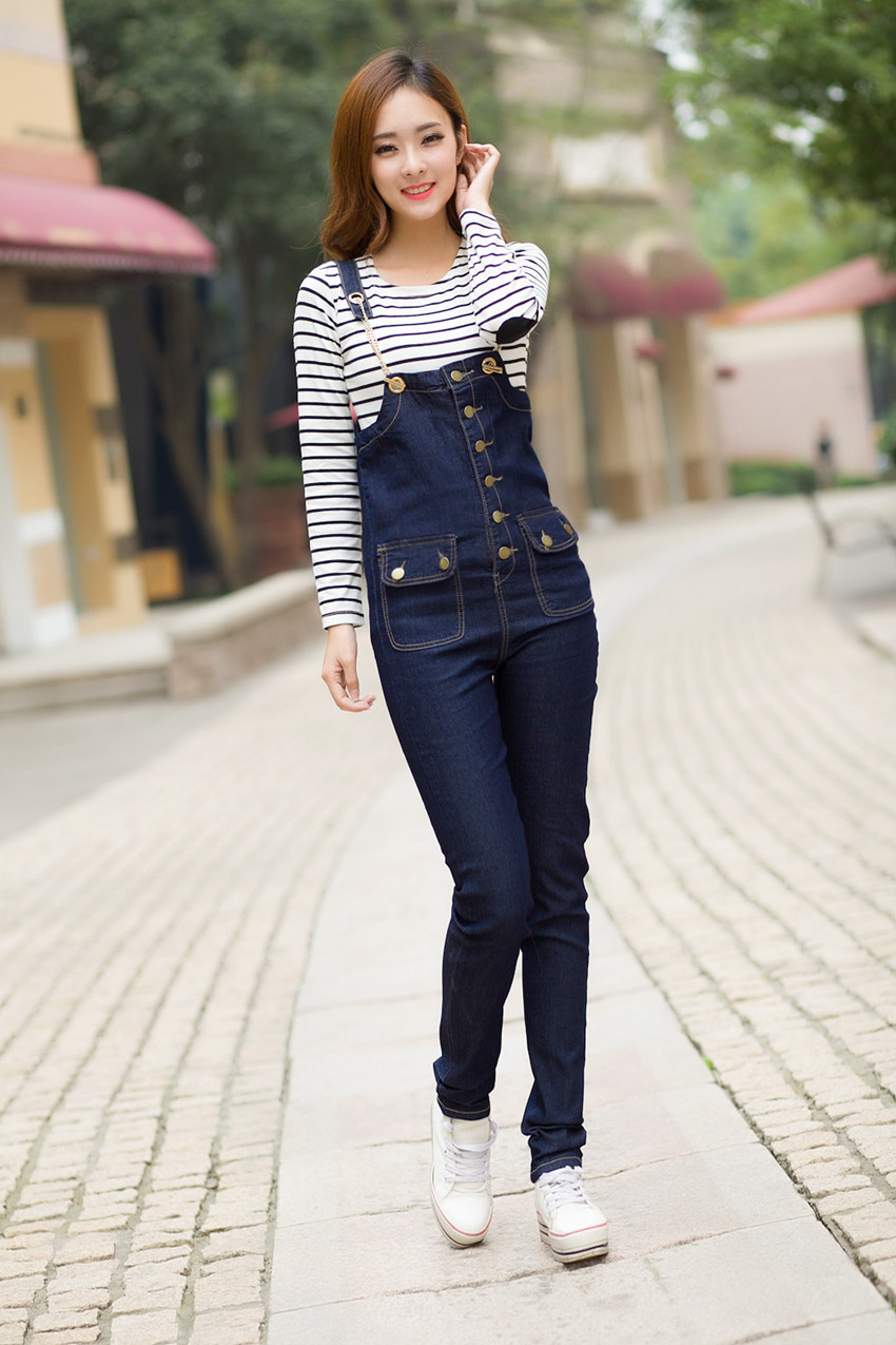 美情芬 2016新款牛仔背带裤修身韩版休闲吊带连体裤牛仔裤女424# 深