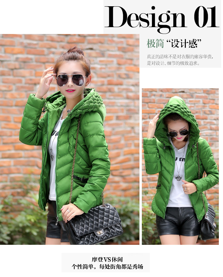 韩姿琦2015新款毛线连帽羽绒棉服短款外套女冬 962 红色 L