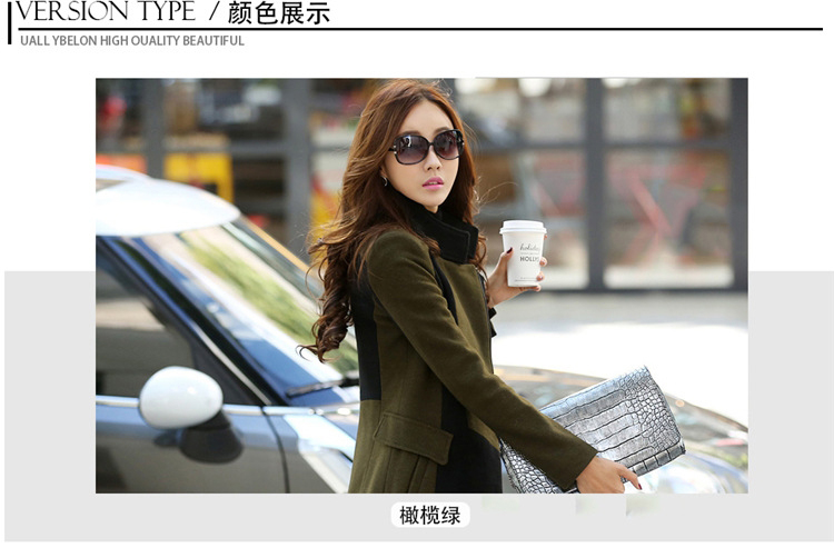 婕梦璐2016女装修身撞色中长款外套毛呢大衣女J810 军绿色 XL
