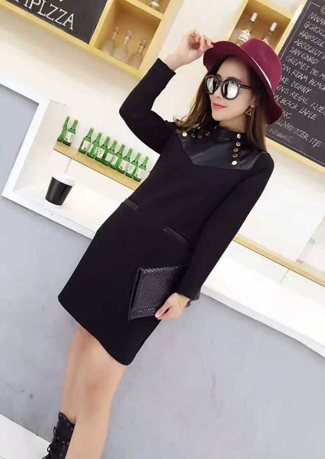 欧洲站2015秋冬新品欧美气质修身连衣裙长袖pu皮拼接a字打底短裙 黑色