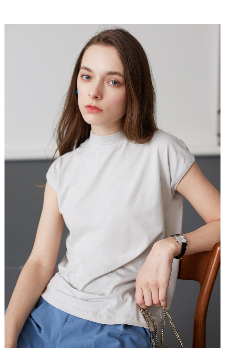 初棉2018夏装新款半高领短袖t恤女直筒 多色落肩袖打底衫体恤女 白色