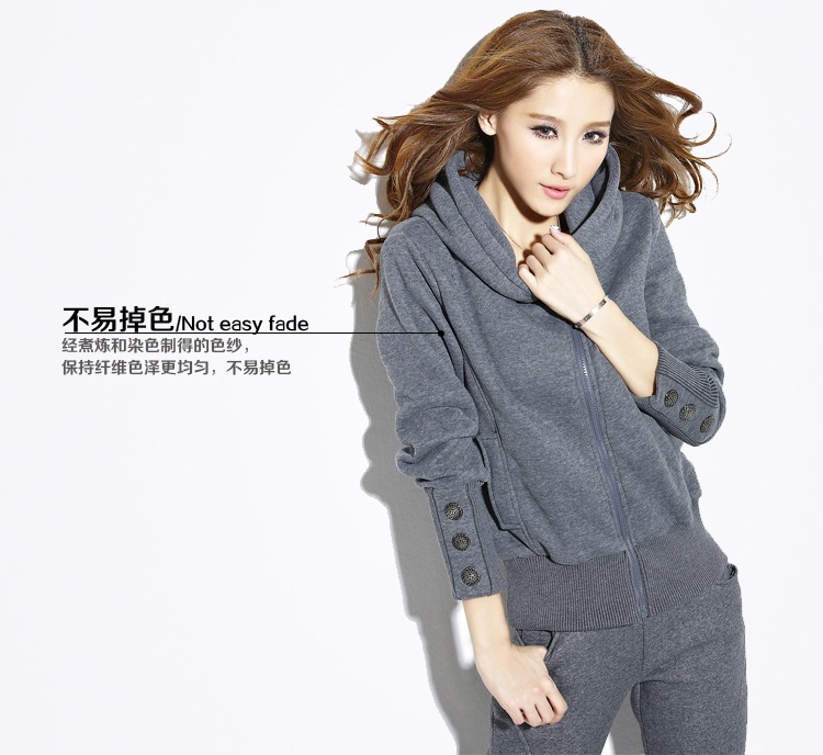 摩妍2015韩版大码休闲套装加厚运动套装加绒卫衣套装女冬装外套 灰色 M