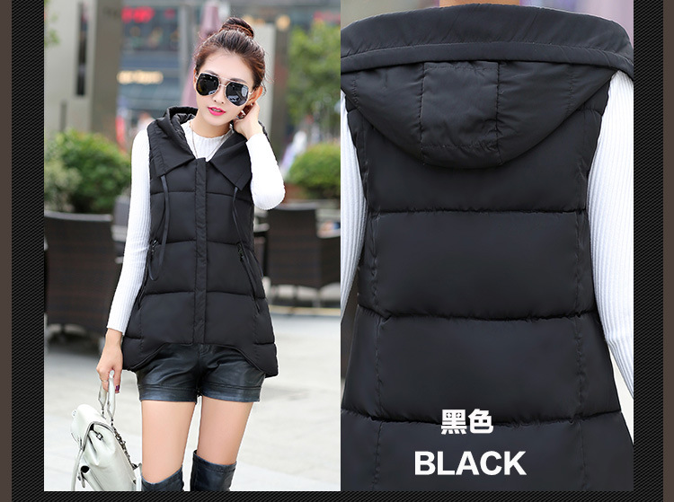 韩文2015秋冬新款羽绒棉服连帽外套马夹中长款背心马甲女潮 黑色 XL