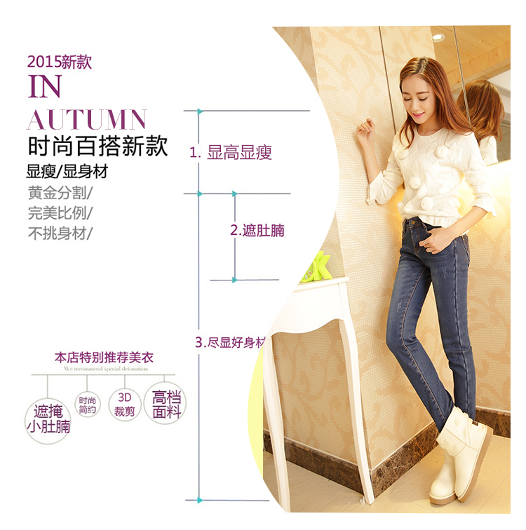 綾依阁2015秋冬新款女装直筒铅笔裤修身显瘦弹力中腰长裤子牛仔裤女LYG8852 蓝色不加绒 29码