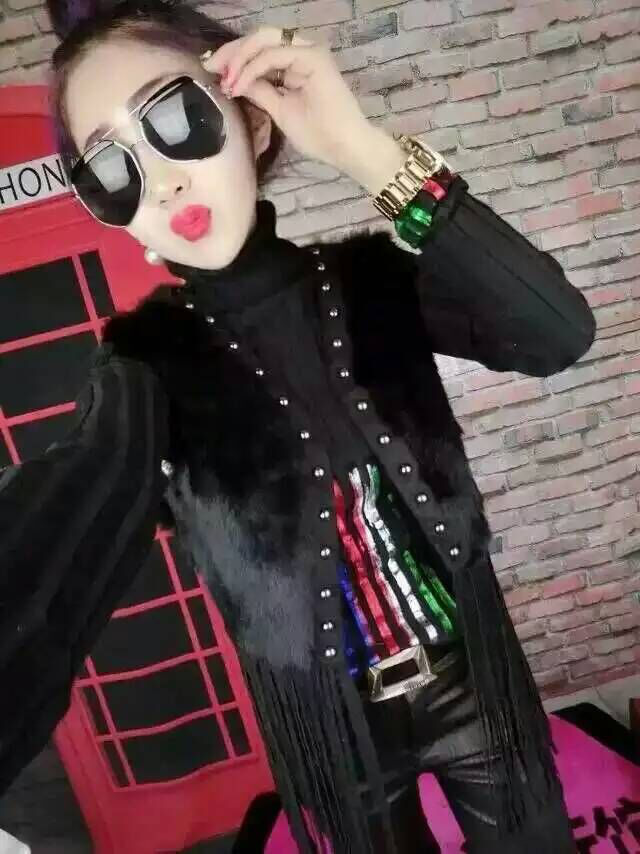 阿娜思2015拼接流苏马甲背心 黑色 均码