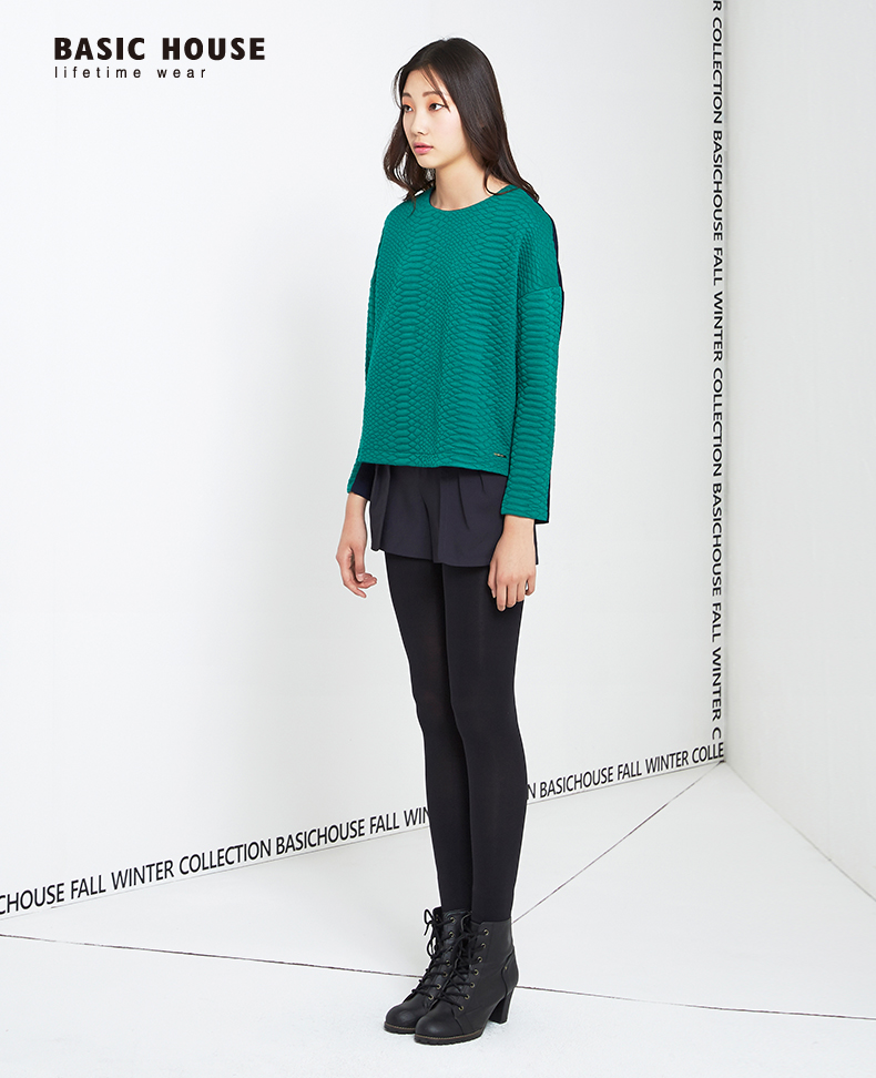 Basic House/百家好秋冬个性凹凸纹理时尚撞色T恤衫HOTS720J 象牙色/IV 155/85/S