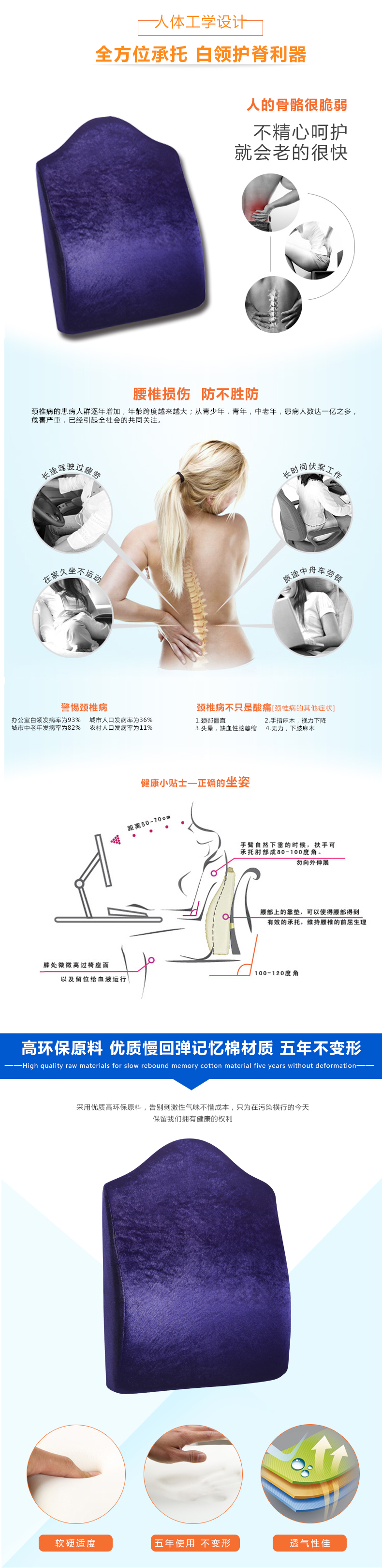 Sleep Science美国斯利普小美人专利人体工学记忆棉护脊腰靠 办公室靠垫汽车腰靠 宝蓝 45X33X10厘米