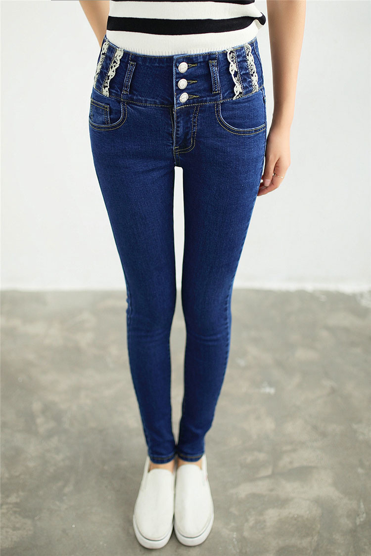 珞俐娅 2015年韩版秋季新高腰花边牛仔紧身裤显瘦小脚裤女 深蓝色 30