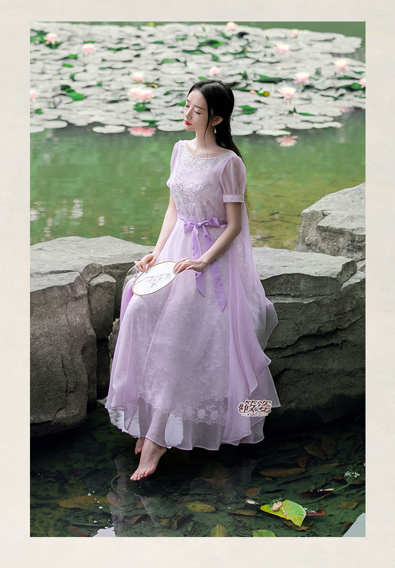 筱姿晚香玉夏季女装复古绣花连衣裙短袖雪纺汉服收腰长裙樱花粉s现货