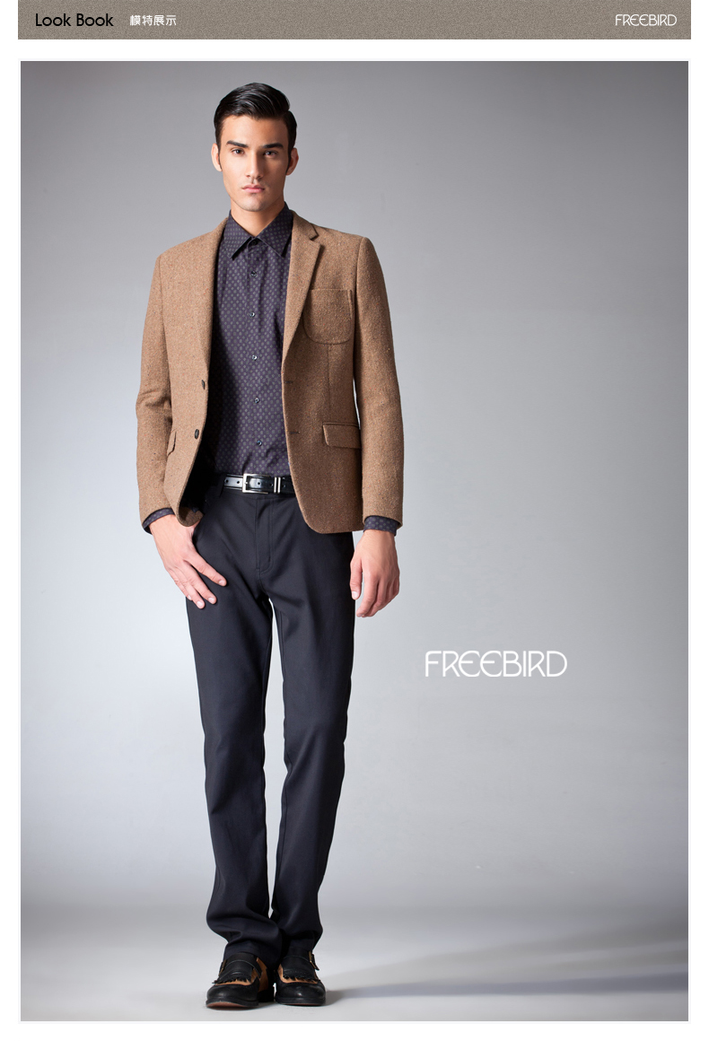 自由鸟冬装新款男士羊绒西装修身商务休闲毛呢西服外套32124193k4驼色
