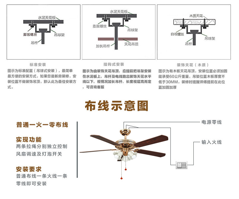 蒙特丽 电风扇灯吊灯52ZSM-309 餐厅灯客厅灯卧室灯具(B) 52ZSM-309