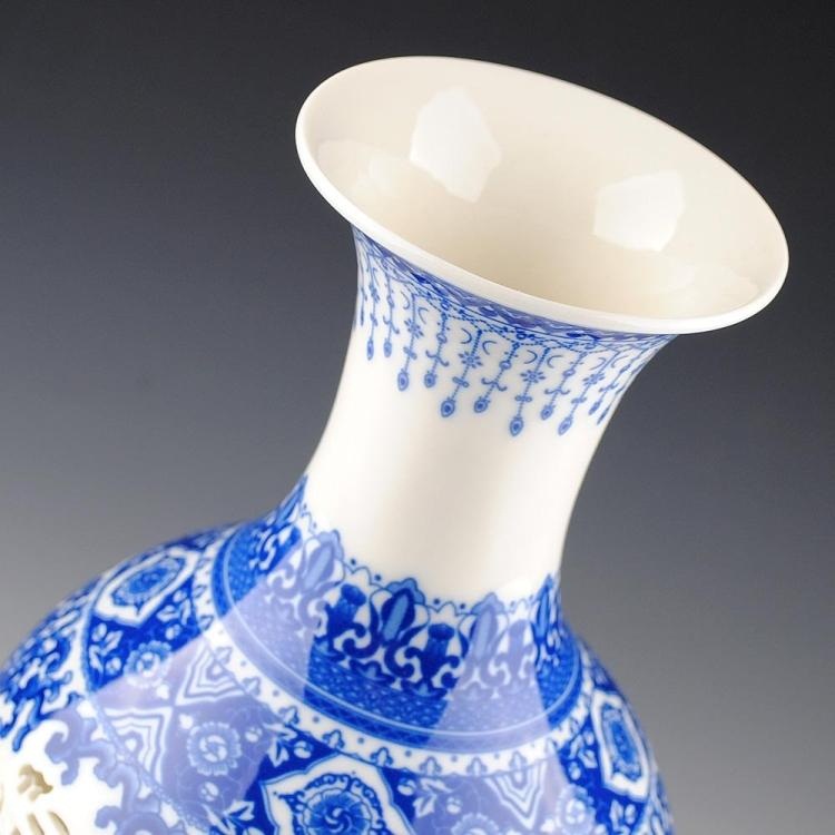 南帝陶瓷器 薄胎镂空青花瓷花瓶 美人尖 现代古典家居装饰摆件