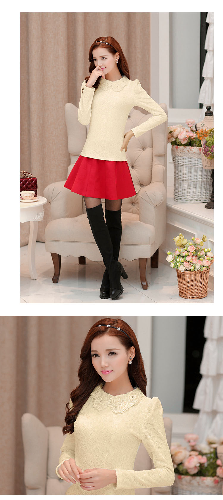 欧芙朵2015新秋款韩版加绒加厚娃娃领修身蕾丝打底衫长袖上衣女潮9103 白色 M