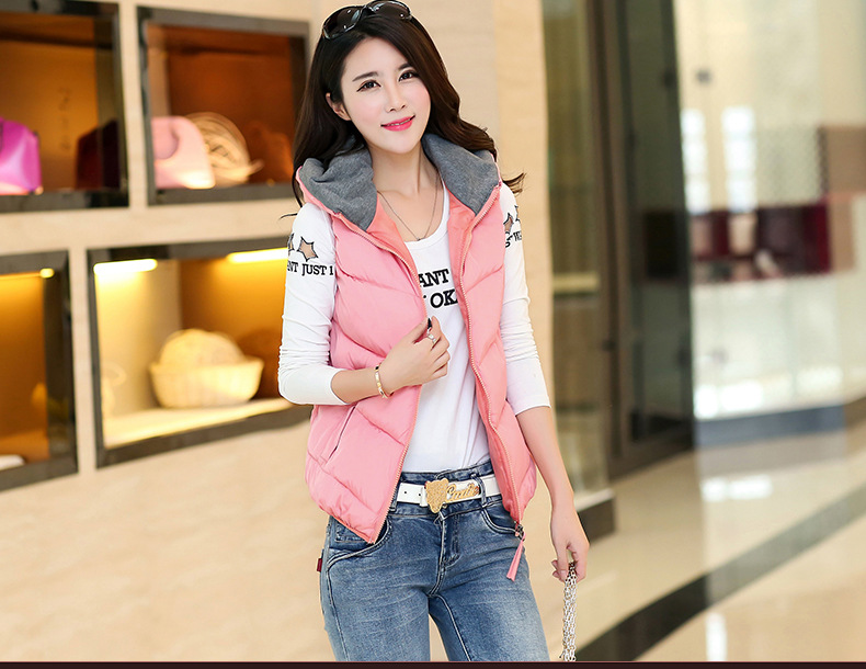 枫莲果秋冬新款韩版休闲羽绒棉服外套修身连帽坎肩马甲女 浅蓝色 L