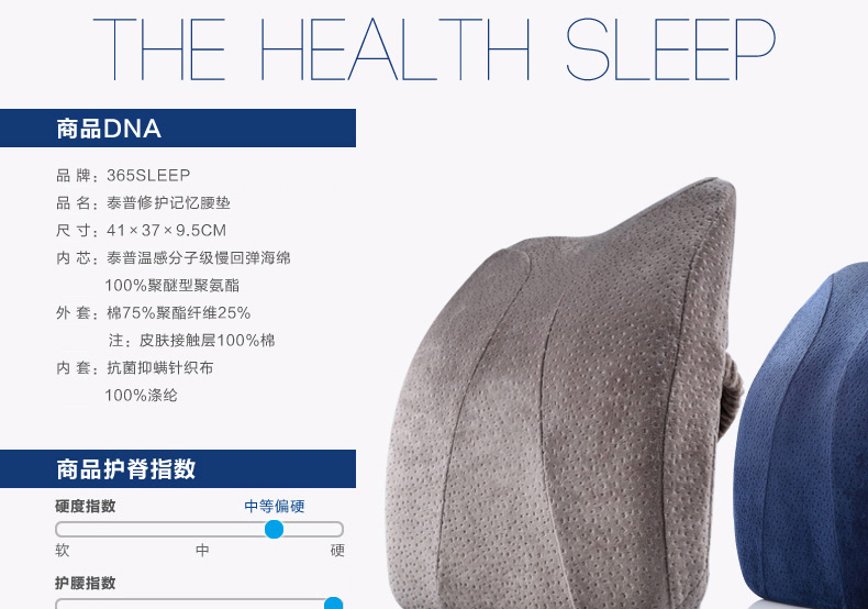 
                                        365SLEEP慢回弹护腰靠垫 椅子车用办公室靠枕 记忆棉腰靠背垫 藏青色升级款 41*37*9.5                