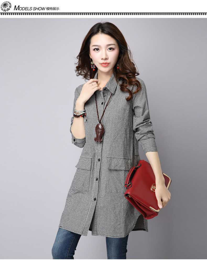 琳朵儿2016春装新款中长款长袖衬衣棉麻格子衬衫女上衣 小格子 xxl