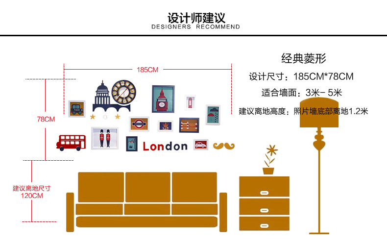 
                                        庭乐  英伦风格实木照片墙 相框墙创意组合相片墙欧式客厅相框挂墙 白蓝A款组合+送英伦画心                