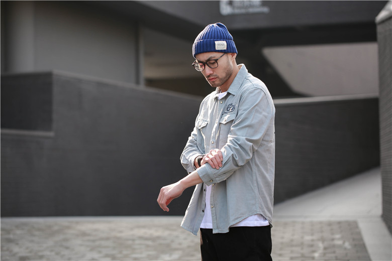 pipes jones 春款男装牛仔衬衫男欧美休闲简约翻领长袖宽松衬衣 浅