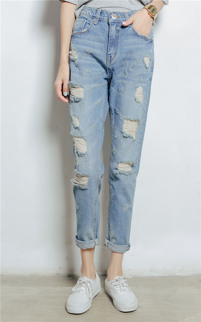 甸影新款 宽松破洞乞丐裤女牛仔裤小脚哈伦裤 蓝色 28