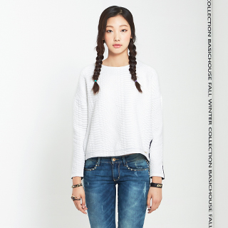 Basic House/百家好秋冬个性凹凸纹理时尚撞色T恤衫HOTS720J 象牙色/IV 155/85/S