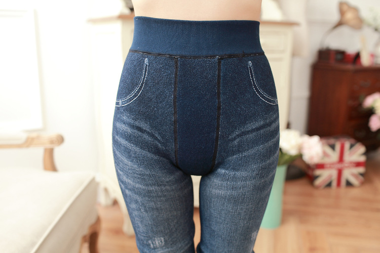炫服庄2015新款水洗仿牛仔加绒打底裤女秋冬 加厚一体踩脚保暖裤外穿 深蓝色 均码/建议腰围1尺7-2尺4