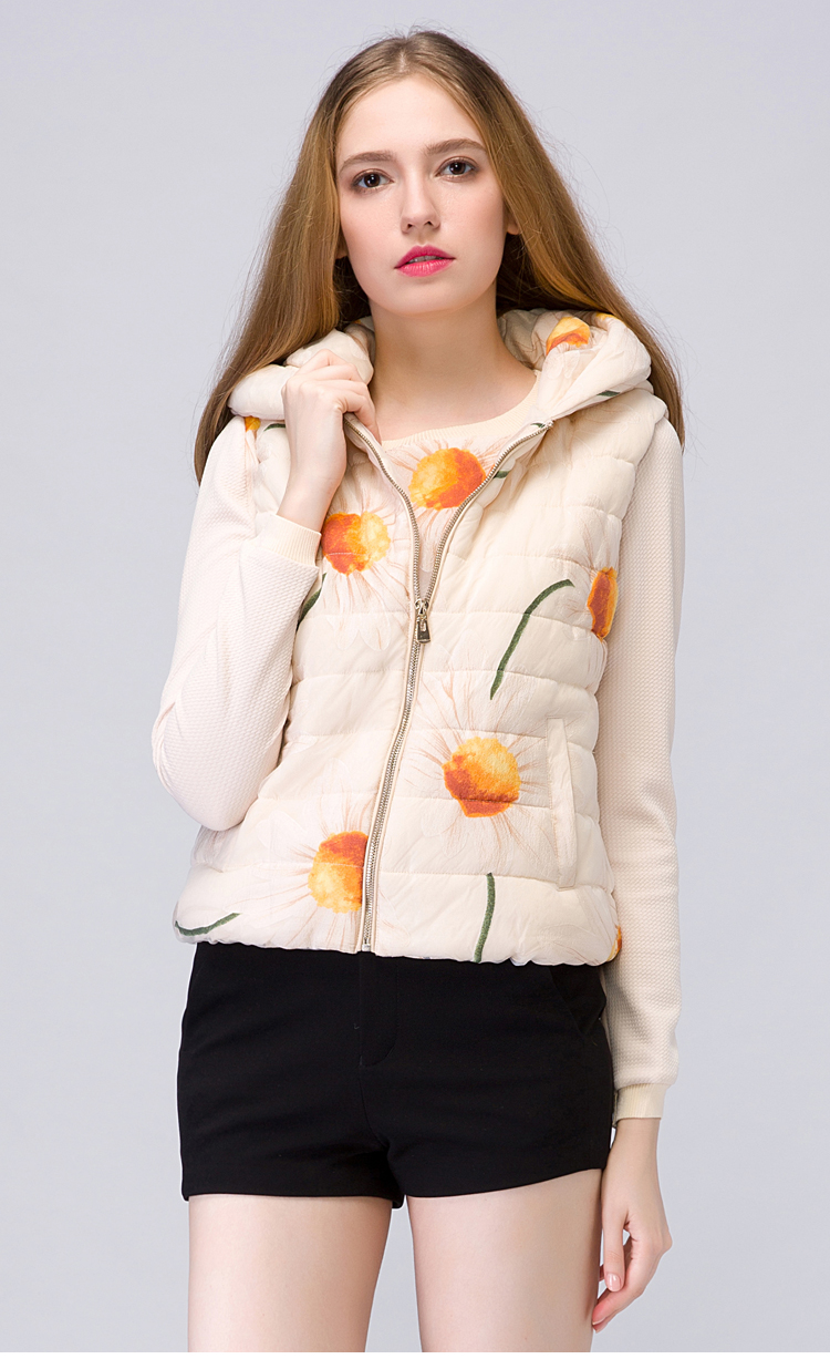 拍普儿 冬季2015新品女装优雅时尚连帽棉服短款印花马甲棉衣 花色 M