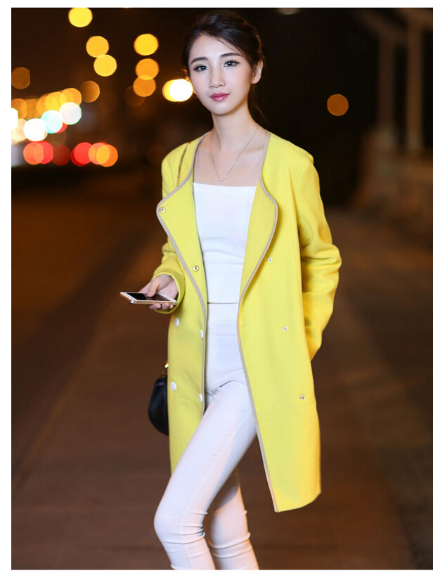 婕芙兰 2015秋装新款韩版中长款呢子风衣外套 5375 明黄色 XL