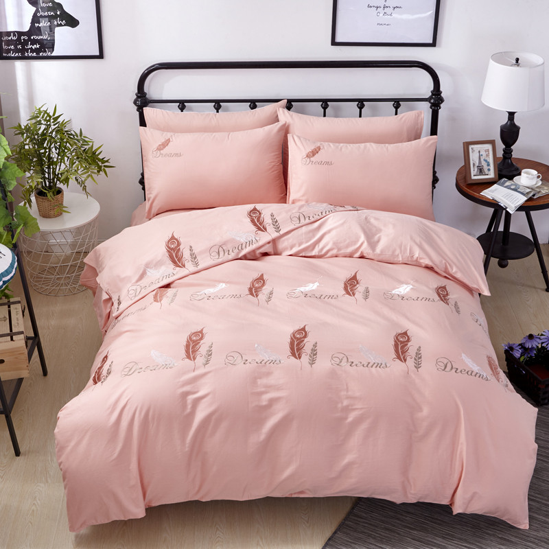 (京东精选) 纯棉枕套枕头套全棉刺绣简约套装秋冬48*74单人 粉色羽毛