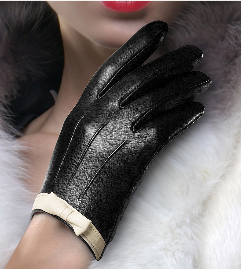 绅威克 时尚品牌手套 真皮手套女士触屏绵羊皮手套加绒短款白蝴蝶结