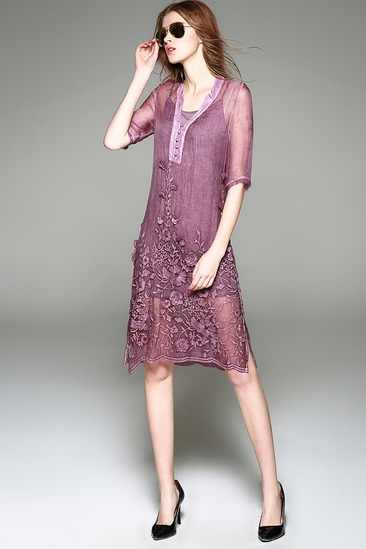 远强店真丝连衣裙夏 2016欧洲站气质女装 重工刺绣顺纡真丝连衣裙b021