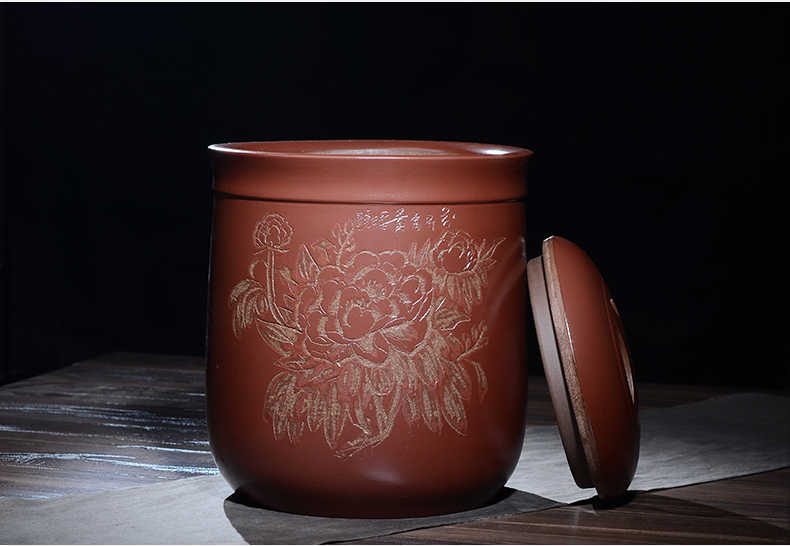 晨茗 宜兴紫砂茶叶罐大号普洱茶缸存茶醒茶罐密封罐 富贵百花茶叶罐
