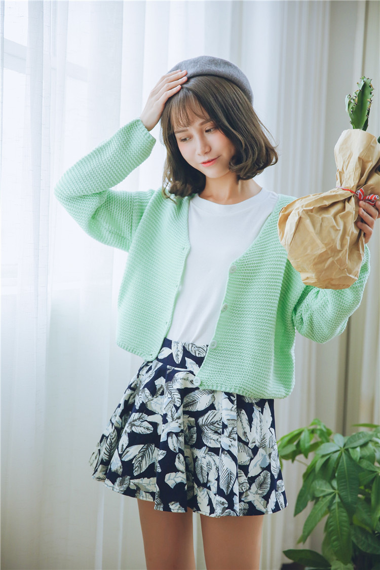 范力思 2015秋冬新款糖果色针织毛百搭开衫+印花半身短裙套装 糖果色树叶印花裙 均码