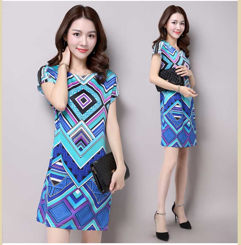 雪夕2016夏季女装显瘦连衣裙大码韩版中长款印花短袖套头裙子 宝蓝加