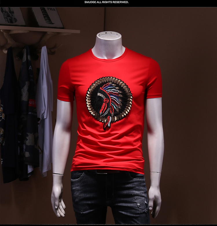 dg潮牌2018夏季新款刺绣短袖t恤衫男印第安酋长亮片修身圆领半截袖