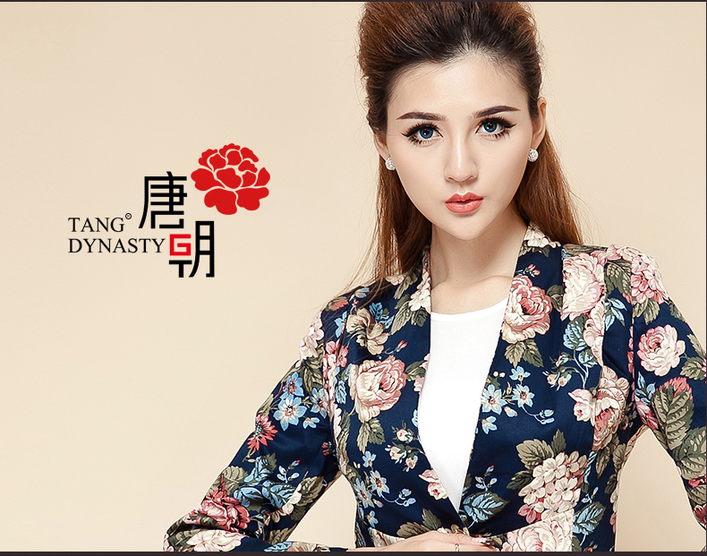 唐朝 2015秋季新款韩版修身印花小西装女外套短款TQV22530A-1 杏底玫瑰 XL
