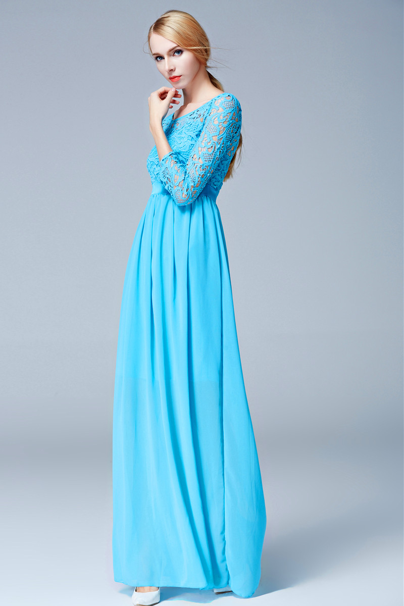 爱情俏2016水溶花边雪纺拼接礼服长裙 拖地裙2162 翠绿色 l