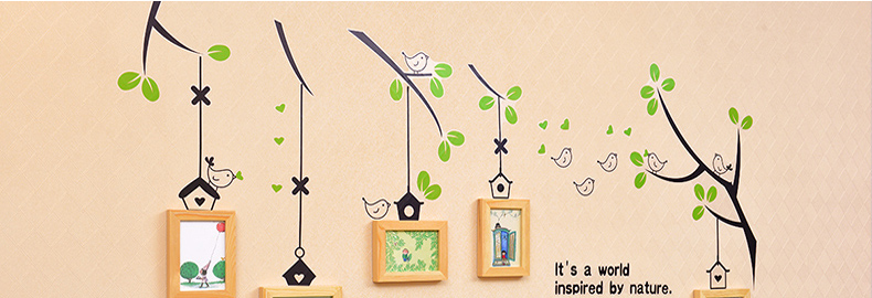 
                                                            全悦实木照片墙 创意绿色小鸟墙贴 相框组合 简约相片墙5QYQT-3 白樱+绿色小鸟墙贴                