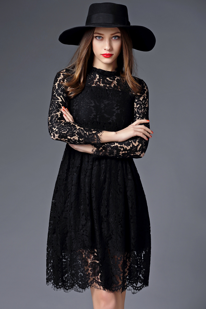 bomovo2016初春新款欧美高端修身优雅蕾丝纯色镂空连衣裙抽褶显瘦黑色