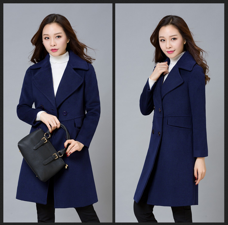 拾上2015秋冬装新款中长款双排扣韩版毛呢大衣外套女 红色 M