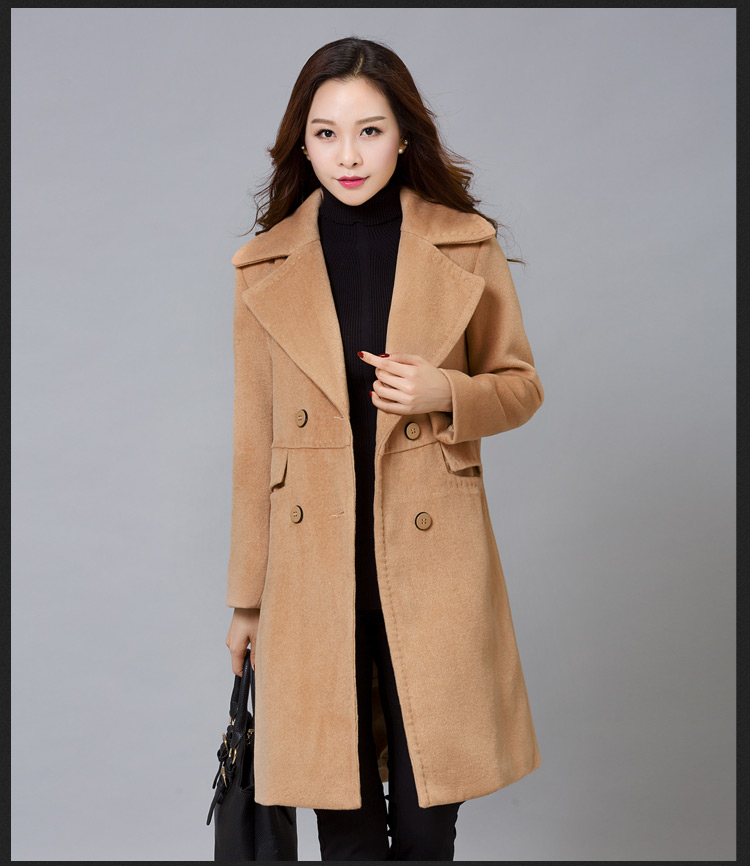 拾上2015秋冬装新款中长款双排扣韩版毛呢大衣外套女 红色 M