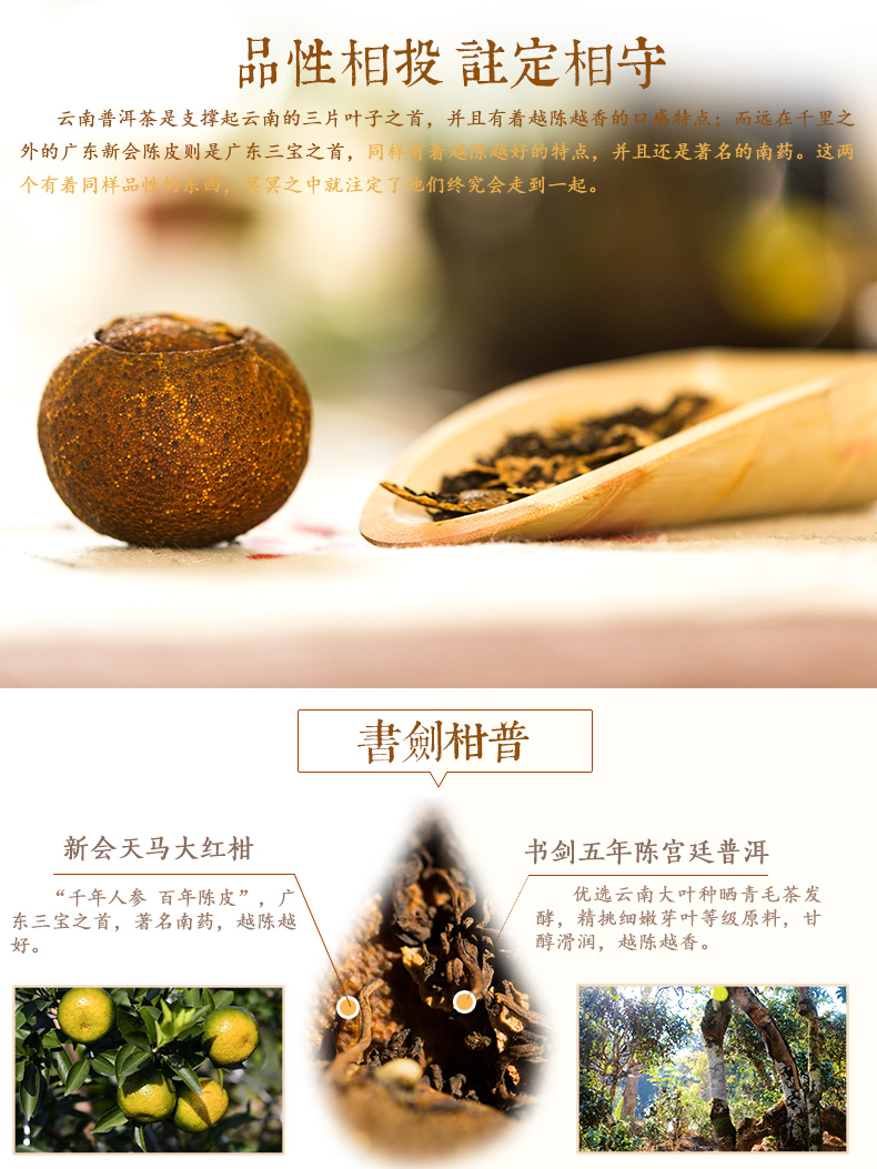 书剑 陈皮 5年陈宫廷普洱茶熟茶 柑普茶橘子陈年桔普茶 250克装