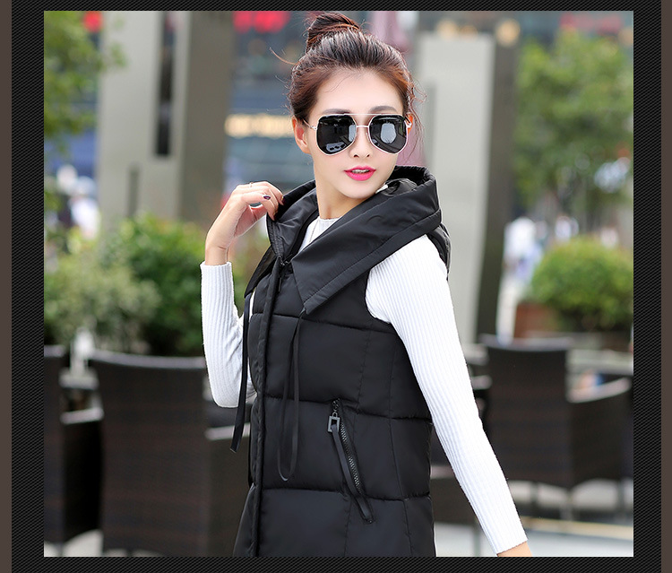 韩文2015秋冬新款羽绒棉服连帽外套马夹中长款背心马甲女潮 黑色 XL