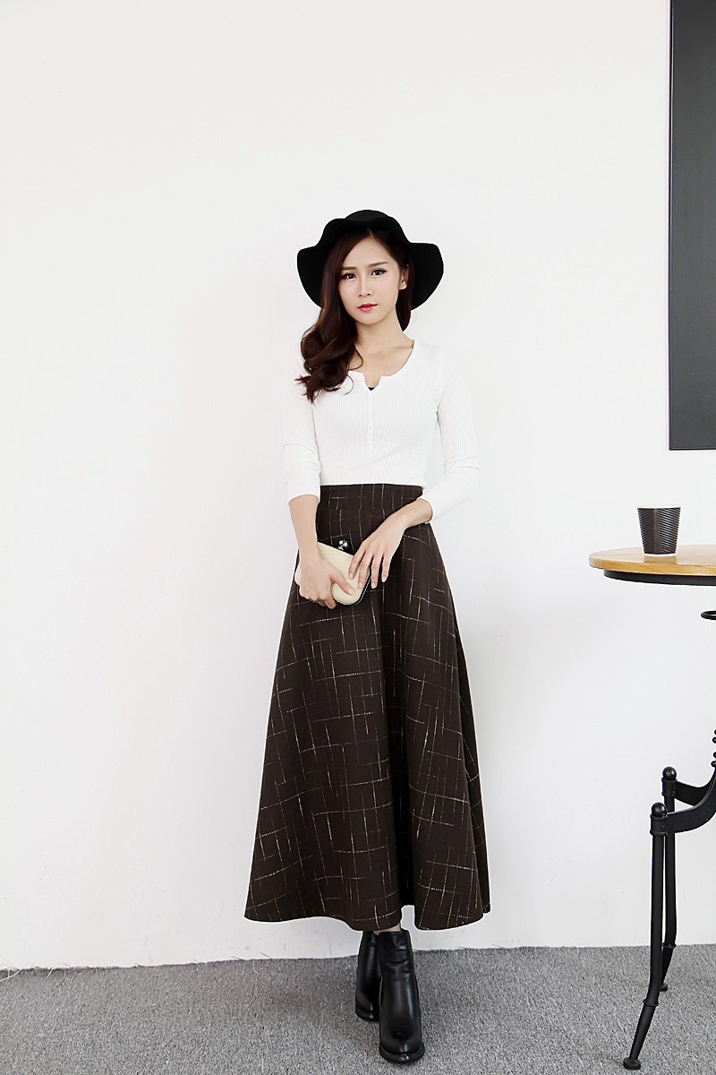 雅内特2015秋冬新款女装修身格子毛呢半身长裙NA2050#111 黑色 XL
