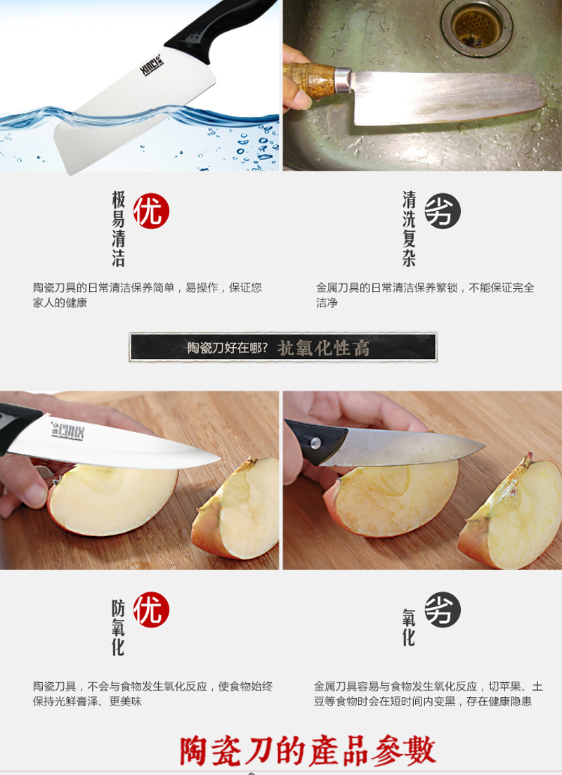 心瓷XINCI 陶瓷刀套装4件套 陶瓷菜刀厨房刀具切肉刀(大6寸菜刀 4寸 刨刀 刀架 黑色