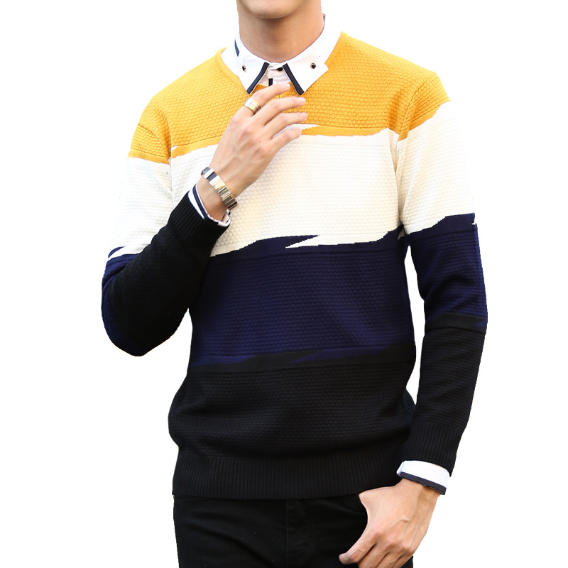 男装 针织衫 迈俊 迈俊修身拼色圆领套头针织衫男长袖纯棉条纹 217