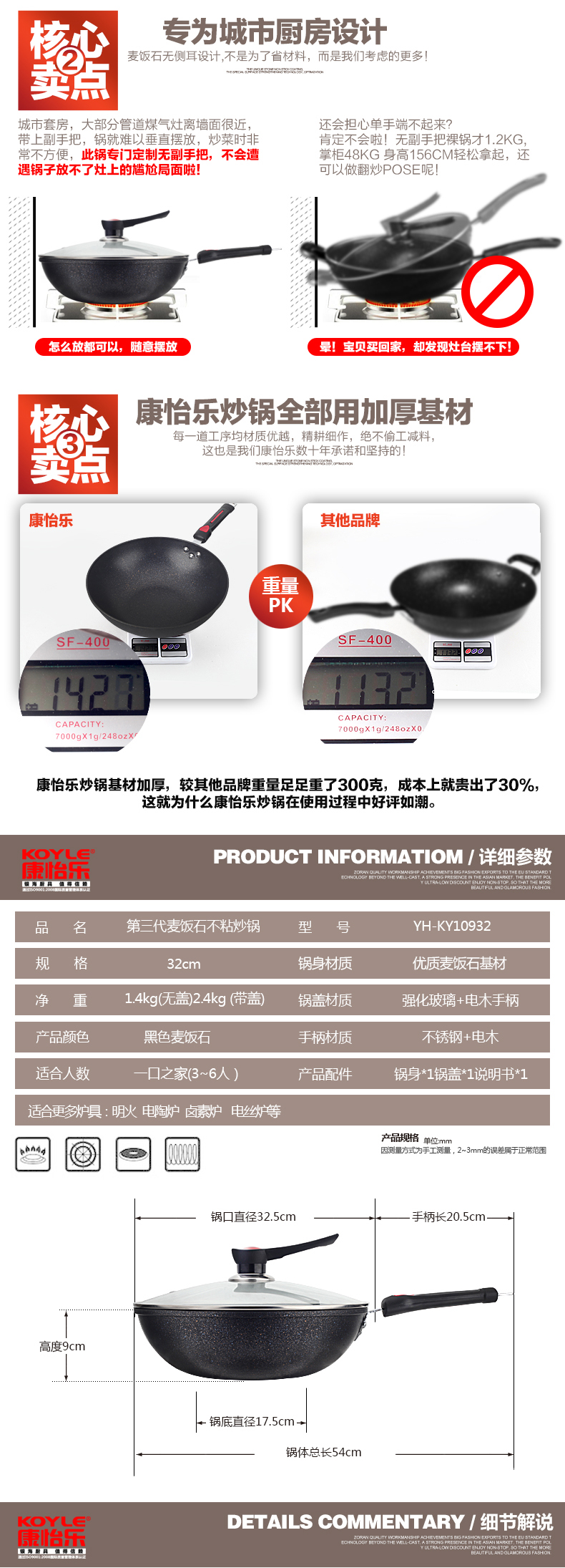 康怡乐32cm麦饭石炒锅韩国不粘锅炒菜锅炒勺燃气电磁炉通用锅具赠送木质锅铲 32cm带盖